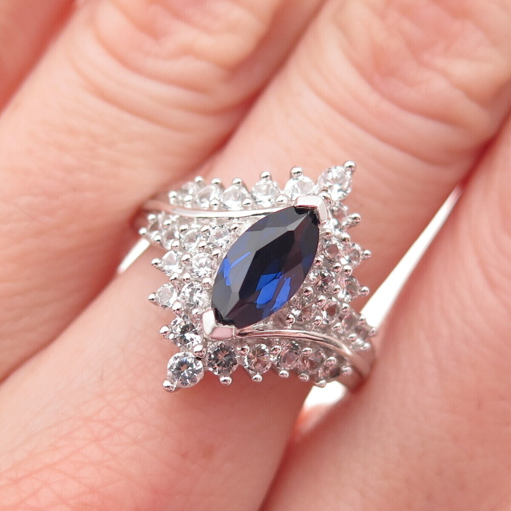 JH Young Sterling Silver Lab-Created Sapphire Real White Topaz Ring Size 7.25